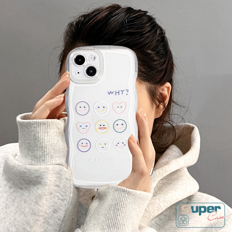 IPHONE Casing Pasangan Tepi Bergelombang Kompatibel Untuk Iphone14 11 13 12 Pro Max XR 6 6s 8 7 Plus 14Plus X XS Max SE 2020 Motif Smiley Lucu Kartun Ekspresi Lucu Transparan Lembut TPU Cover