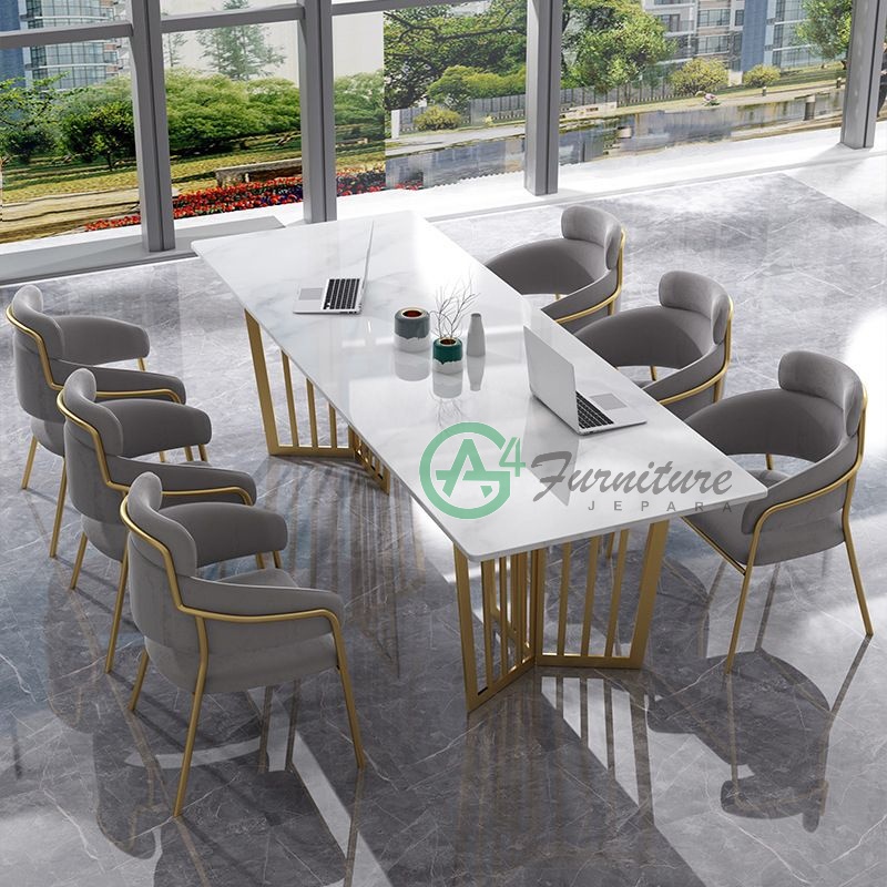Meja Rapat Kantor Marmer Putih Mewah 6 Kursi Rangka Besi