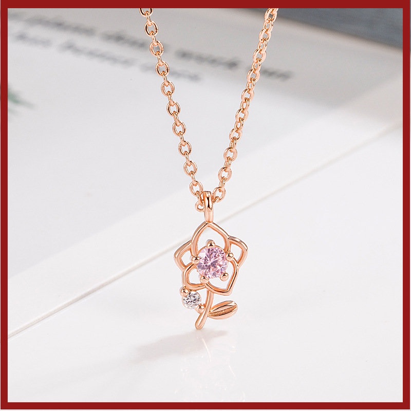 Kalung Mawar Lembut Rose Wanita Rose Gold Merah Muda Zirkon Bunga Klavikula Rantai U1142