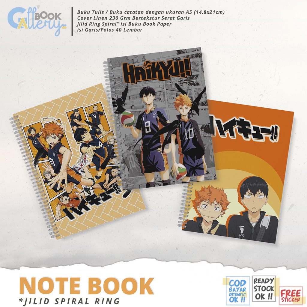 

[SP] Buku Tulis / Buku Catatan / Note book Anime Haikyuu !! Jilid Ring Spiral Dengan isi Book Paper Garis/Polos 50 Lembar Free Poster dan Stiker Ukuran A5