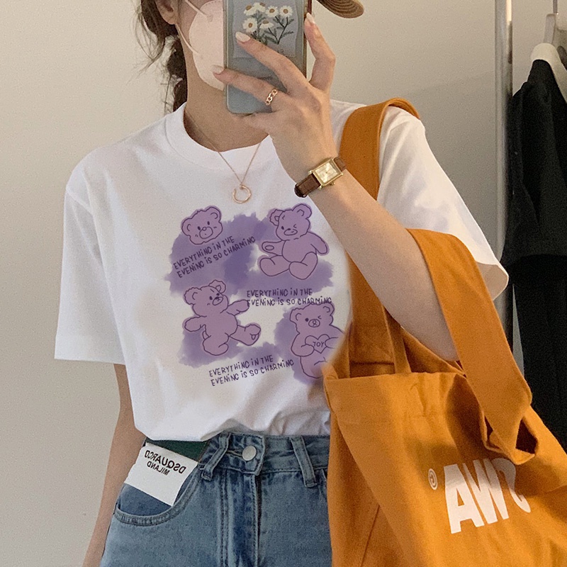 Print T-shirt Kaos Lengan Pendek Cute Purple Bear Oversize Korean Style