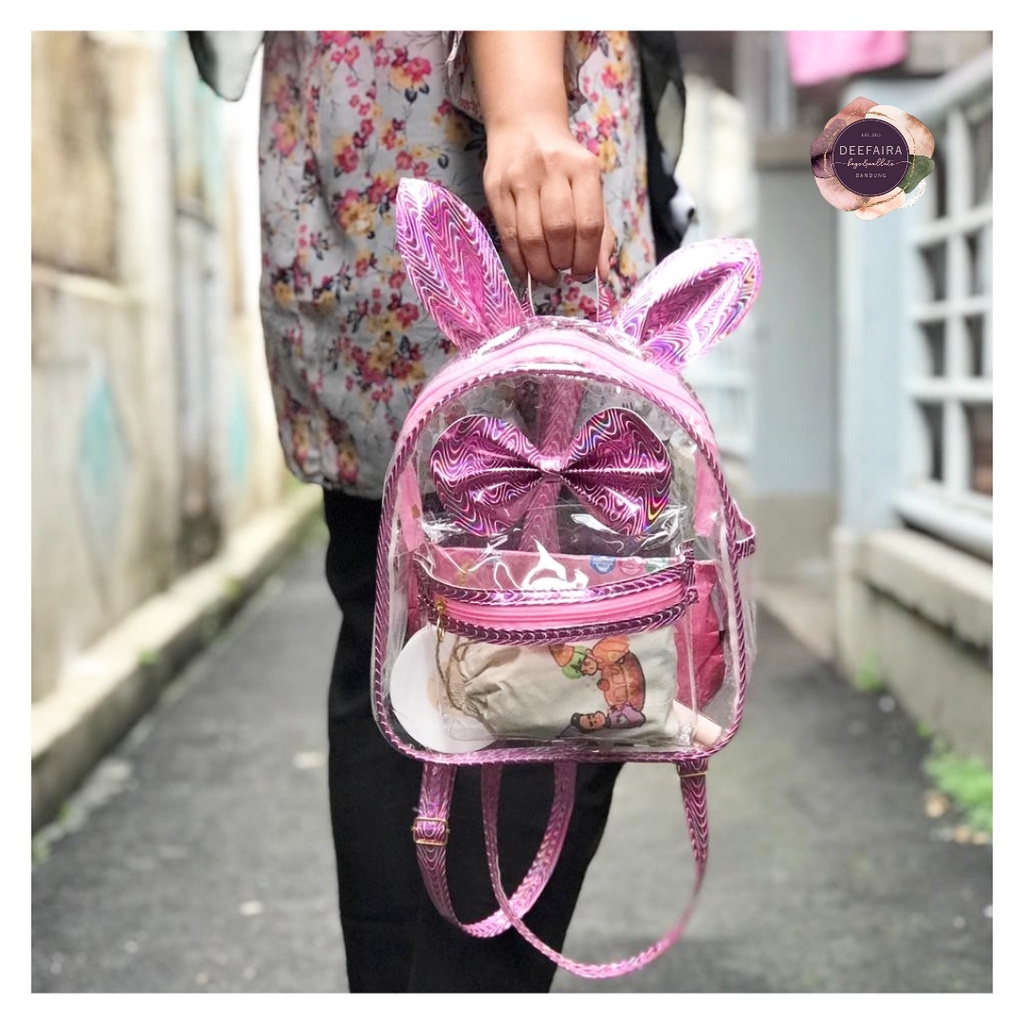 Tas Ransel Wanita Motif Telinga Kelinci Hologram Transparan Lucu Dan Berkilau