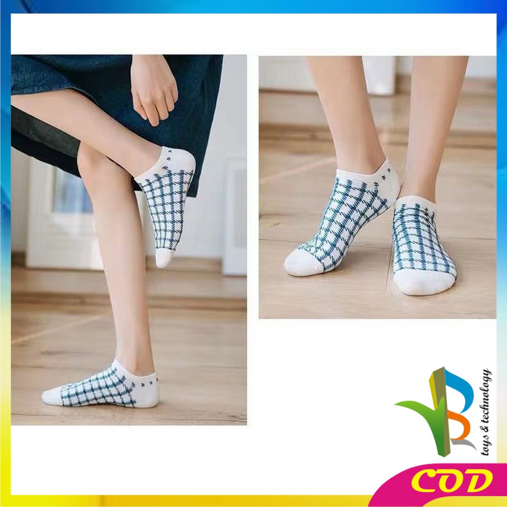 RB-P187 Kaos Kaki Pendek Wanita Motif Kotak Biru / Kaus Kaki Pendek Wanita Dewasa / Ankle Sock Fashion Korean Style