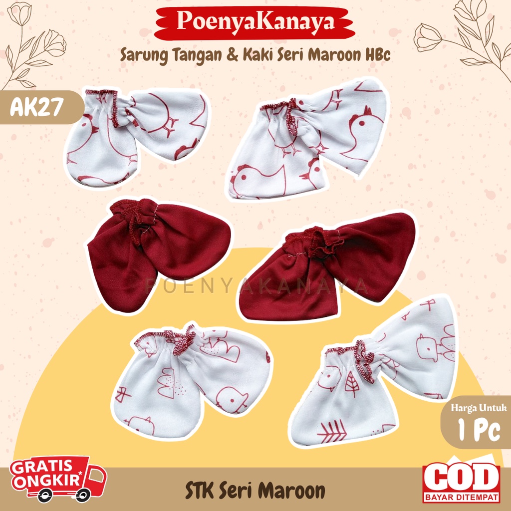 3set/1set Sarung Tangan &amp; kaki Katun Bayi Mitten Sartaki Seri MAROON HBc AK27