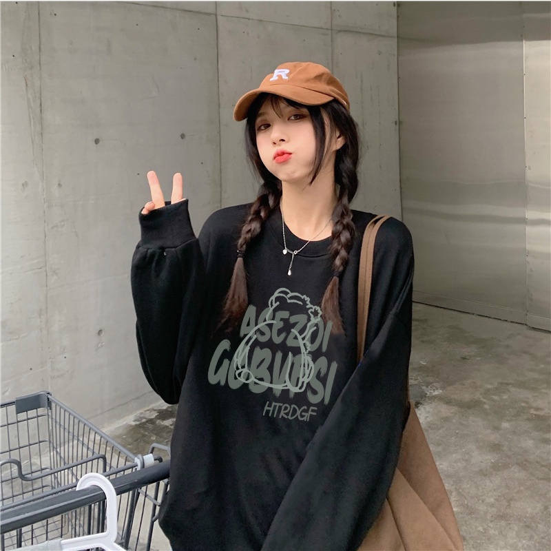 EUNII Sweater Lengan Panjang Cartoon Cute Bear Korean Style/Hoodie Oversize/Baju Wanita/Switer Wanita