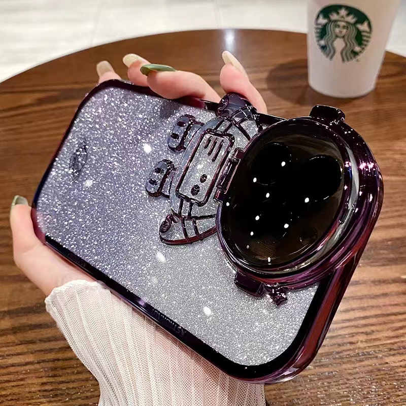 IPHONE Mewah Plating Glitter Astronot Berdiri Perlindungan Lensa Casing Ponsel Kompatibel Dengan Iphone11 12 13 14 Pro Max14 plus XR Kreatif Clamshell Shockproof Back Cover