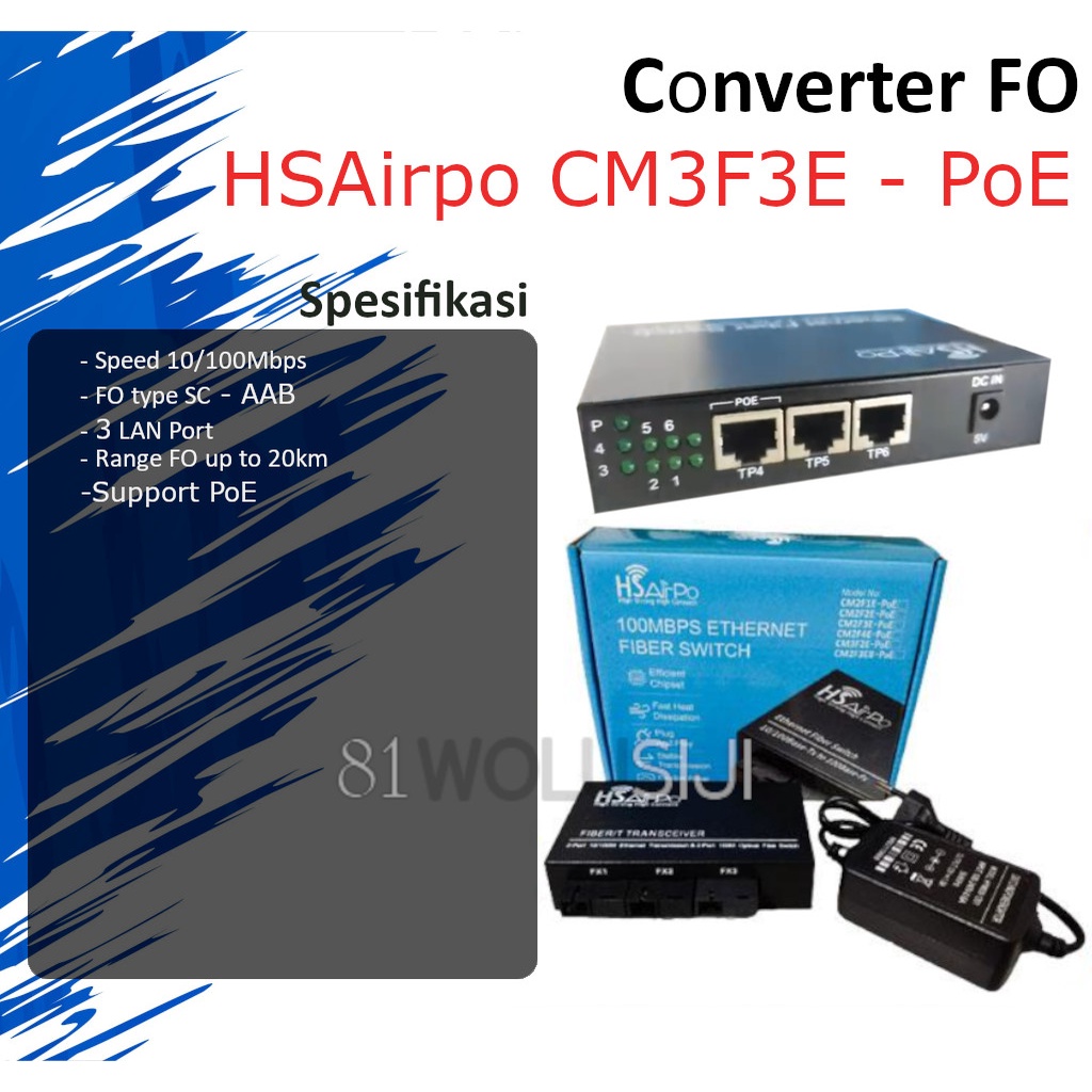 Media Converter HSAirpo CM3F3E 10/100Mbps - PoE Support