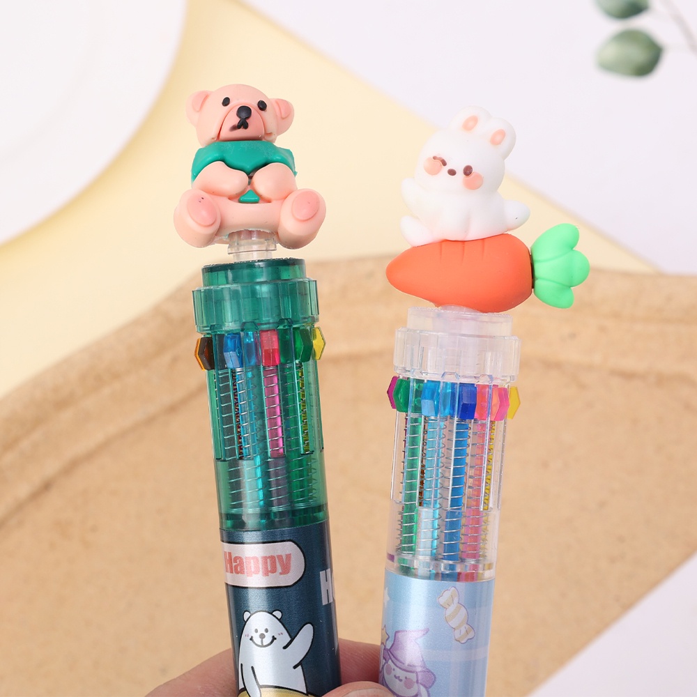 Pulpen Bolpoin Multi Warna Kantor Hadiah Acak 10warna Animal Serba-Satu Plastik Sekolah Isi Ulang Alat Tulis Warna-Warni Rollerball Pen Perlengkapan Lucu Kartun Kawaii Press Tulisan