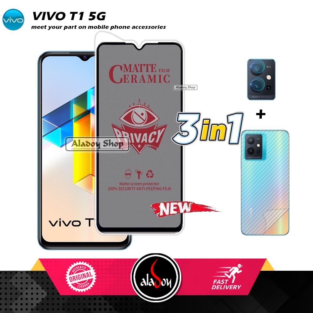 Tempered Glass Anti SPY Vivo T1 5G Anti Gores Privacy + Tempered Glass kamera dan Skin Carbon