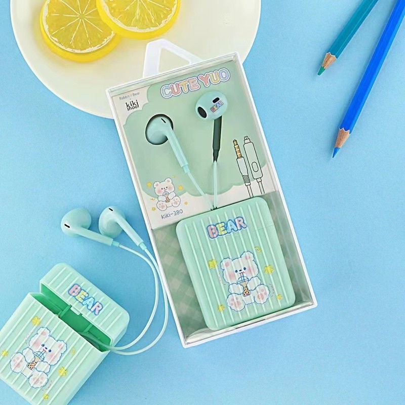 [ KI 380 ] Set Headset Earphone karakter seri RABBIT BEAR / + Wadah penyimpanan Earphone Motif in ear