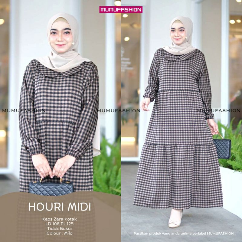 TKG - HOURI MIDI DRESS Wanita Muslimah Kekinian Motif Kotak Kotak Kaos Zarra By Mumu Fashion Solo