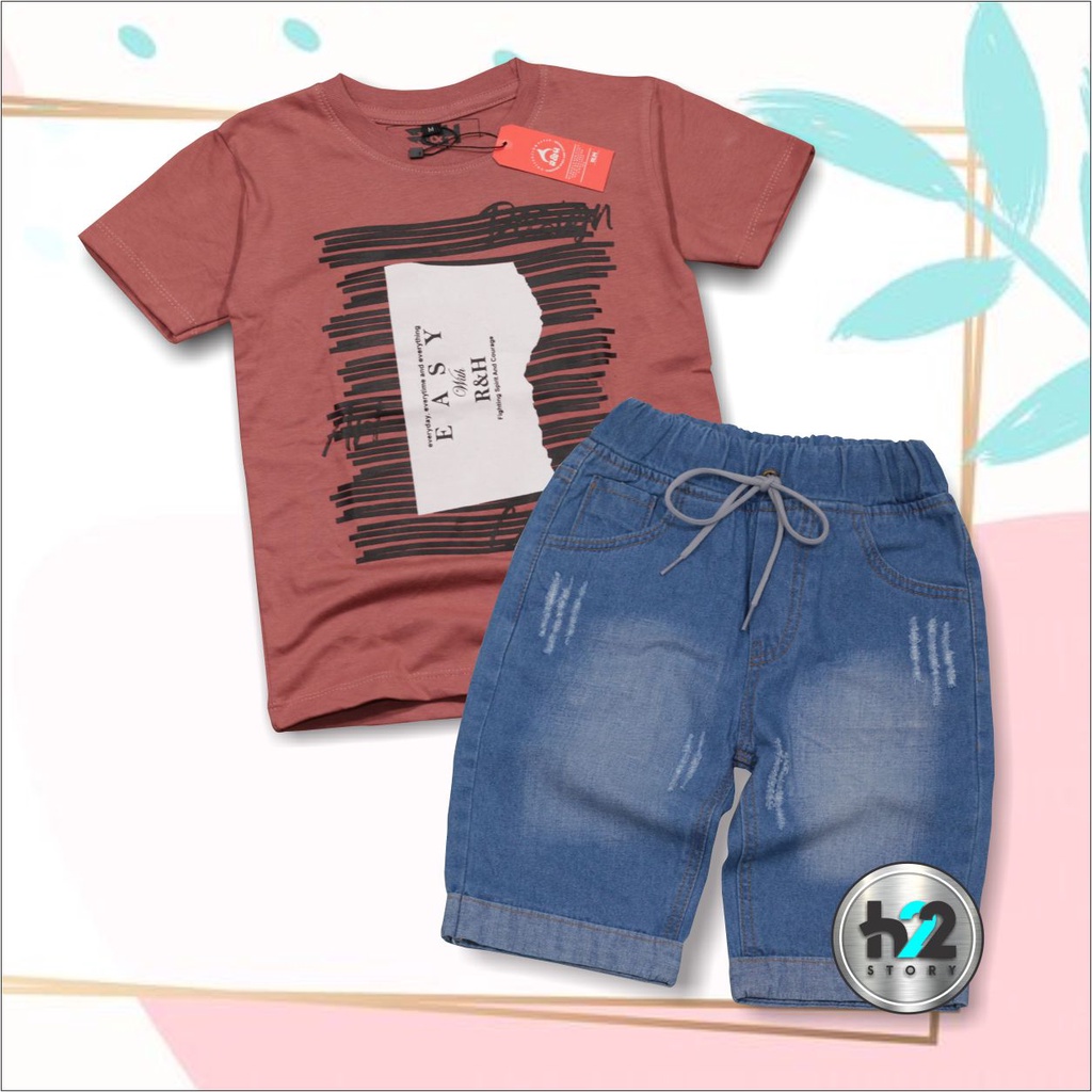 Setelan Anak Celana Jeans / Setelan Jeans Anak Laki Laki /  Setelan Kaos Distro Anak Celana Jeans Pendek Usia 3-12 Tahun / By H22Story-Salem BiruMuda
