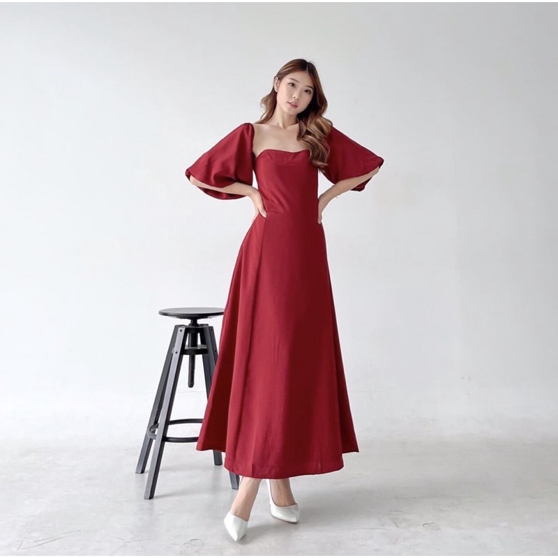 FELICIA BRIDESMAID IN MAROON - PROM NIGHT GOWN - DRESS SEXY KOREA WARNA MERAH - MIDI DRESS KONDANGAN - DRESS PESTA SEXY MEWAH - WEDDING DRESS - DRESS PAGER AYU - HADIAH / KADO ULTAH CEWEK