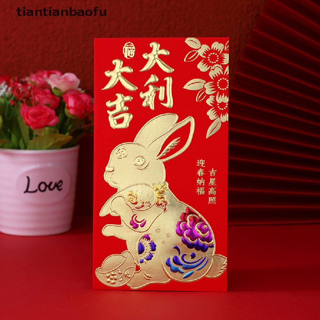 [tiantianbaofu] 6 Pcs 2023tahun Baru Imlek Amplop Merah Kelinci Tahun Amplop Lucky Hong Bao Butik