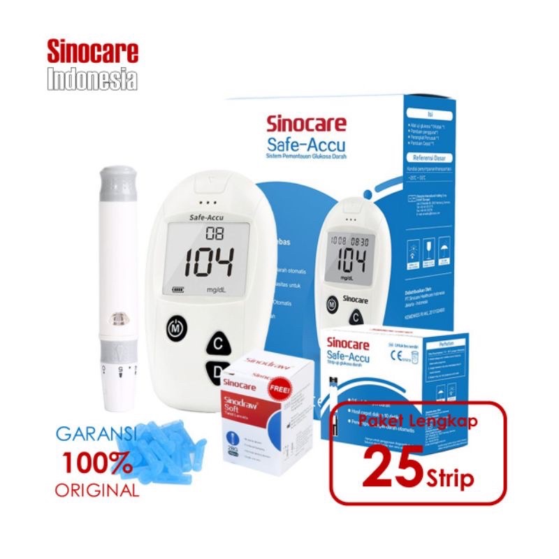 Safe-Accu Sinocare Alat Cek Gula Darah (25 Strip + 25lancet +25 Alkohol swab+25 plester luka) Sinocare = Sinoheart