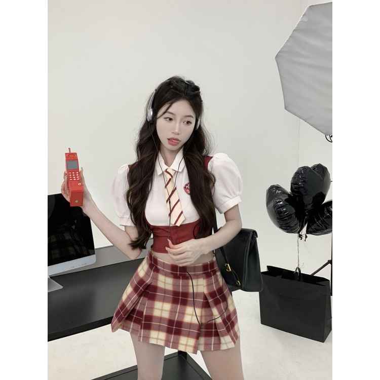 ◄♠⊙Suhao College Palsu Dua Potong Lengan Pendek Kemeja Wanita Musim Panas Splicing Slim Putih Kemeja Pendek Rasa desain Niche Top