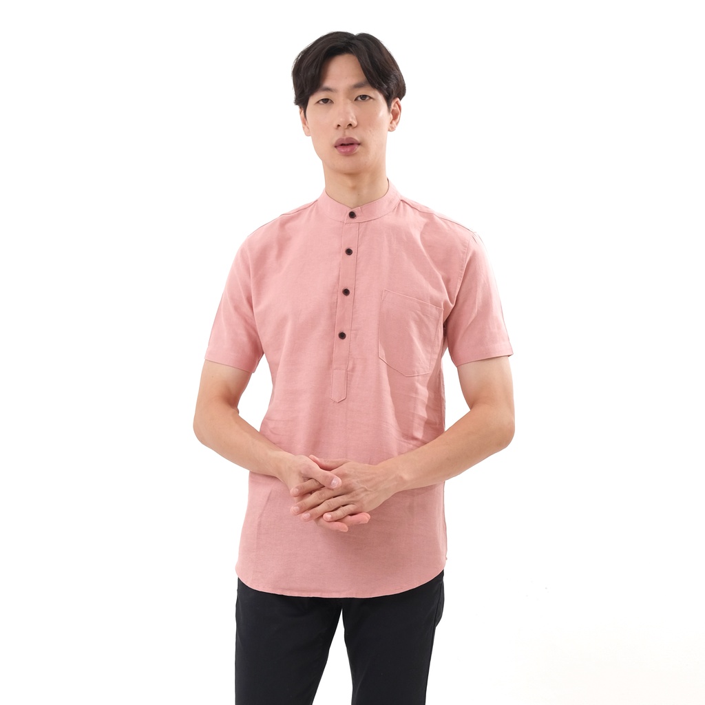 SANVANINA Kemeja Koko Shanghai Pria Slim Fit Lengan Pendek Salmon Peach - E-1424L