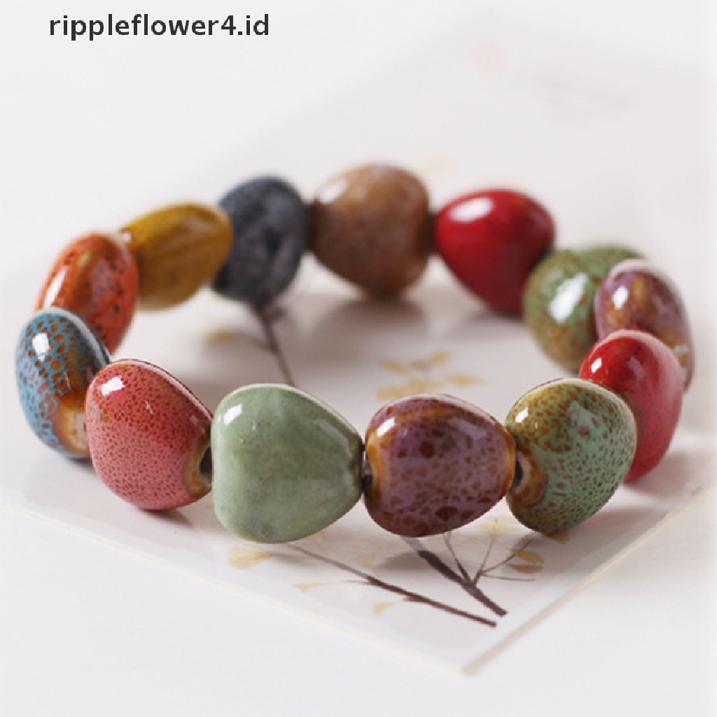 {rippleflower4.id} Gaya Etnik Fashion Glasir Keramik Manik-Manik Dainty Bracelets Strand Bracelet Multicolor Elastis Loves'Kado 1biji~