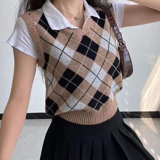Korea vest rajut Kotak kotak rompi wanita v neck Vintage rompi rajut
