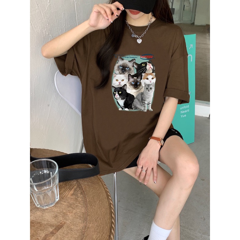 Baju Atasan Wanita Vintage Lengan Pendek Cute Cat Graphic Print T-shirt Oversize Kekinian Kaos Basic Ootd