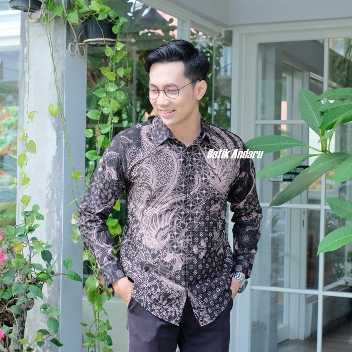 Baju Batik Pria Slim Fit Lengan Panjang Modern Bahan Katun Primisima Kualitas Premium Motif Burung Warna Hitam