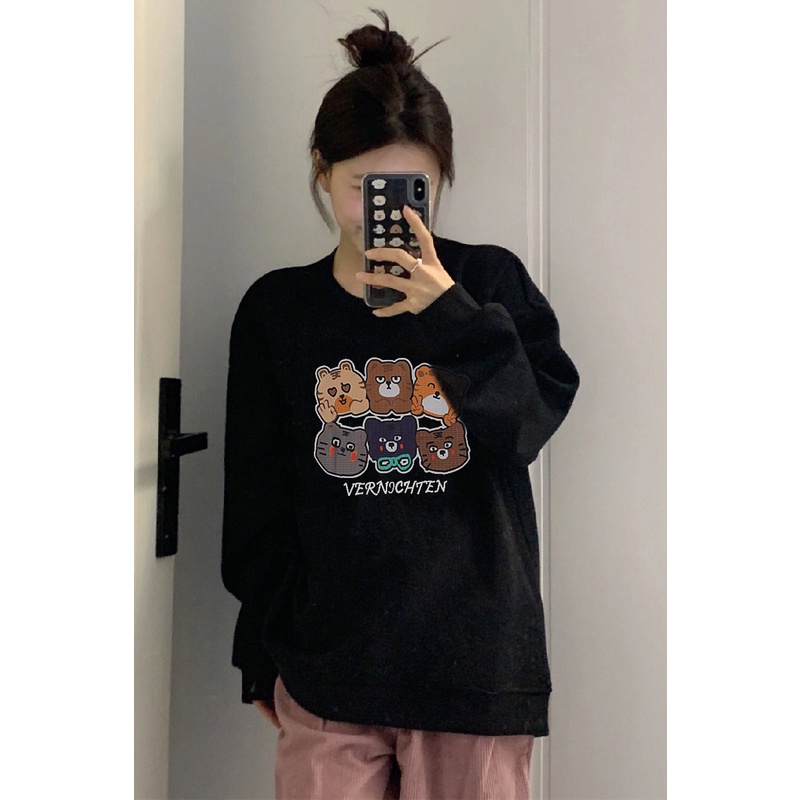 EUNII Sweater Lengan Panjang Cartoon Cats Korean Style/Hoodie Oversize/Baju Wanita/Switer Wanita