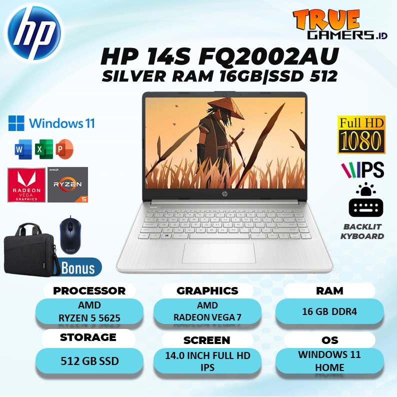 LAPTOP HP 14S FQ2002AU RYZEN 5 5625 RAM 16GB 512SSD VEGA7 W11+OHS 14.0FHD IPS