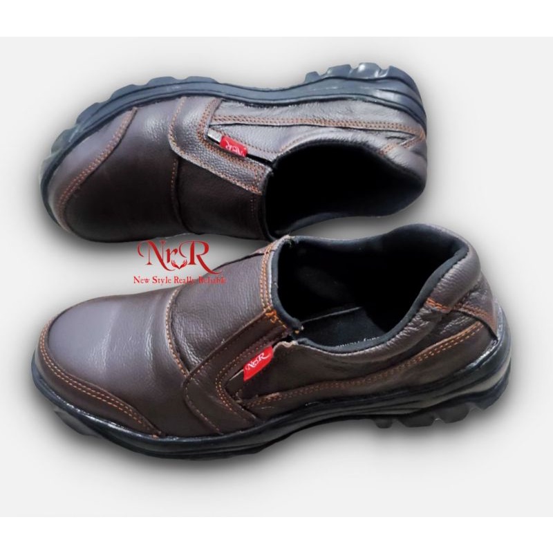 SEPATU SAFETY KERJA PRIA KULIT ASLI/SEPATU KERJA KULIT SAPI ASLI COKELAT SLIP ON/SEPATU KERJA COKLAT