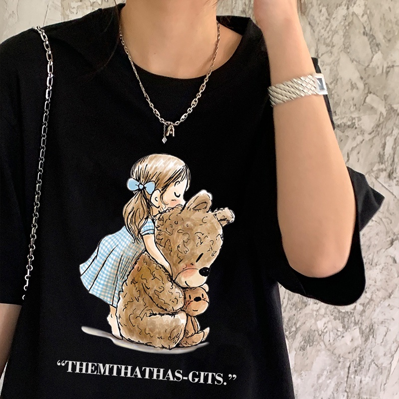 Print T-shirt Kaos Lengan Pendek Cartoon Bear girl Atasan Wanita Oversize Korean Style