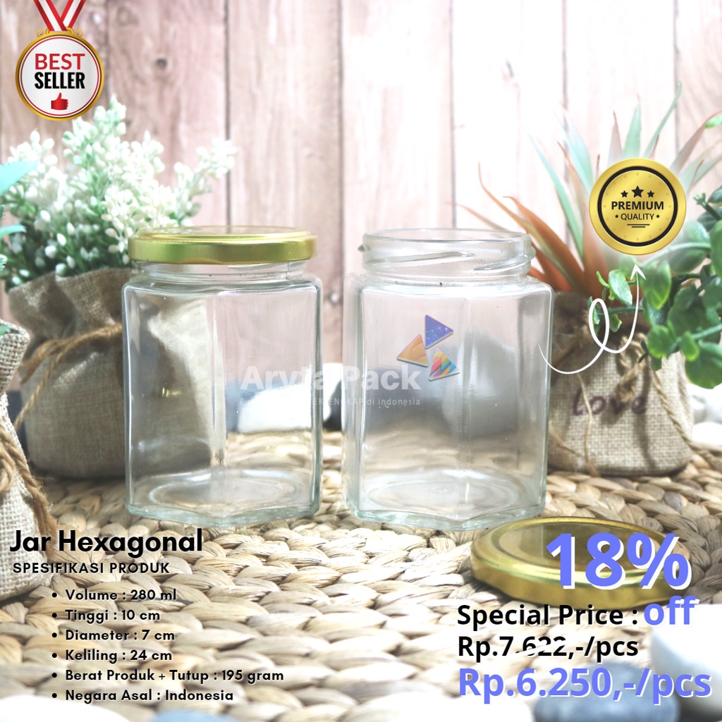 Jar kaca 280ml hexagonal glass jar toples tutup kaleng emas - STD