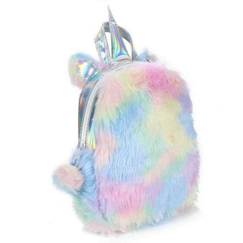 BIG SALE 7.7 COD Ransel Wanita / Anak Mini | Fluffy Unicron Mini Backpack Hologram  Rainbow | Bahan Bulu import dari korea dan disertai bahan hologram| Murah Bisa COD