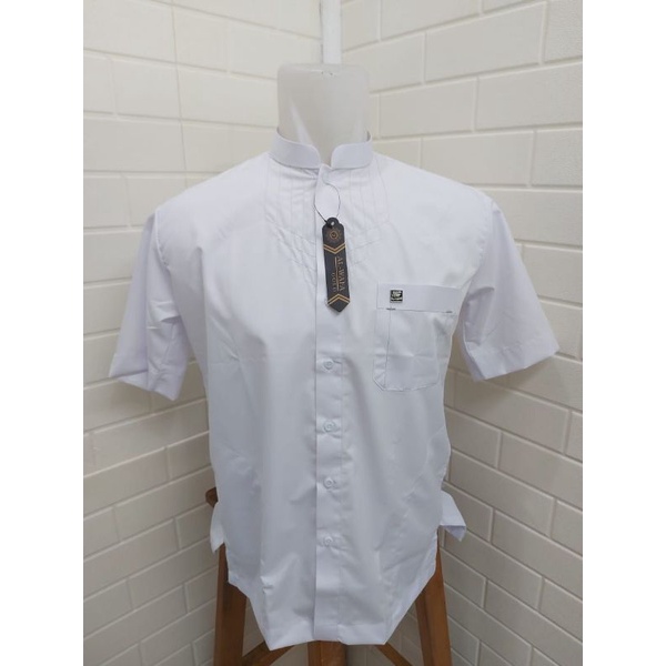 Baju Koko Busana Muslim Pria Al-Wafa/AWF Gold Putih Polos Lengan Pendek