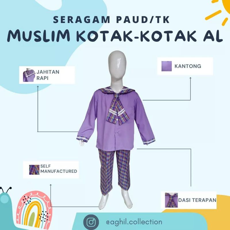 SERAGAM TK/PAUD KOTAK-KOTAK BAJU TK/PAUD AL KOTAK-KOTAK UNGU PANJANG