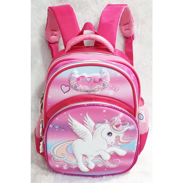 Tas BackPack Anak Sekolah TK Ransel Perempuan Gambar Kuda Pony Love EMBOS SNOW TIMBUL 3Resleting IMPORT