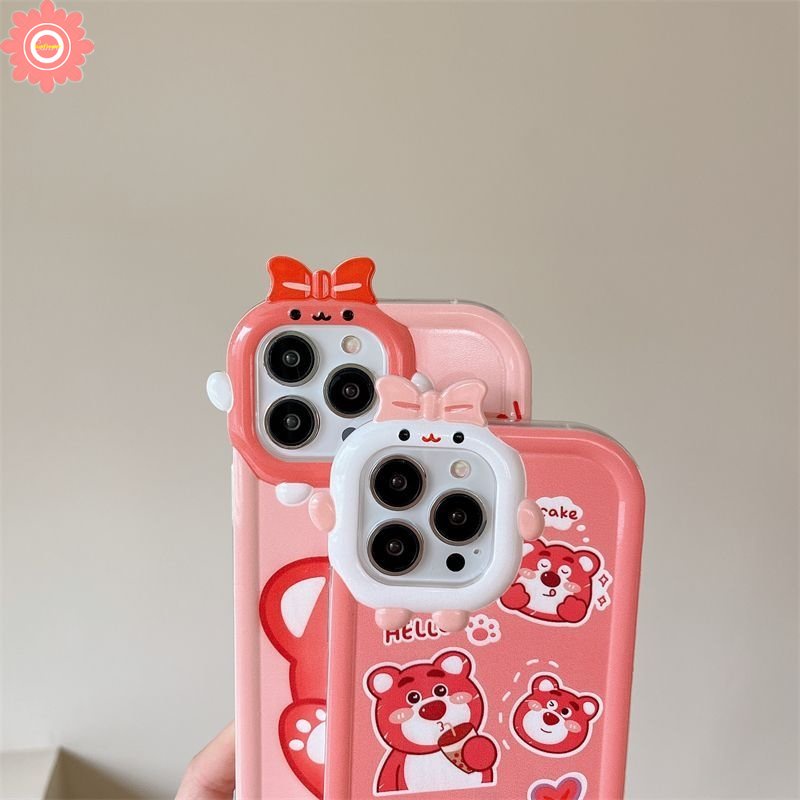 Kartun Strawberry Bear Manyo Case Realme C15 C30 C3 C12 C11 C31 C21 C20 C21Y C35 C33 C25 C25Y C25s 9i 9Pro+9 7i 8 7 5s 8Pro 5i 6i 5 C17 C2 3D Bow Little Monster Lens Lembut Sarung Cover Sarung