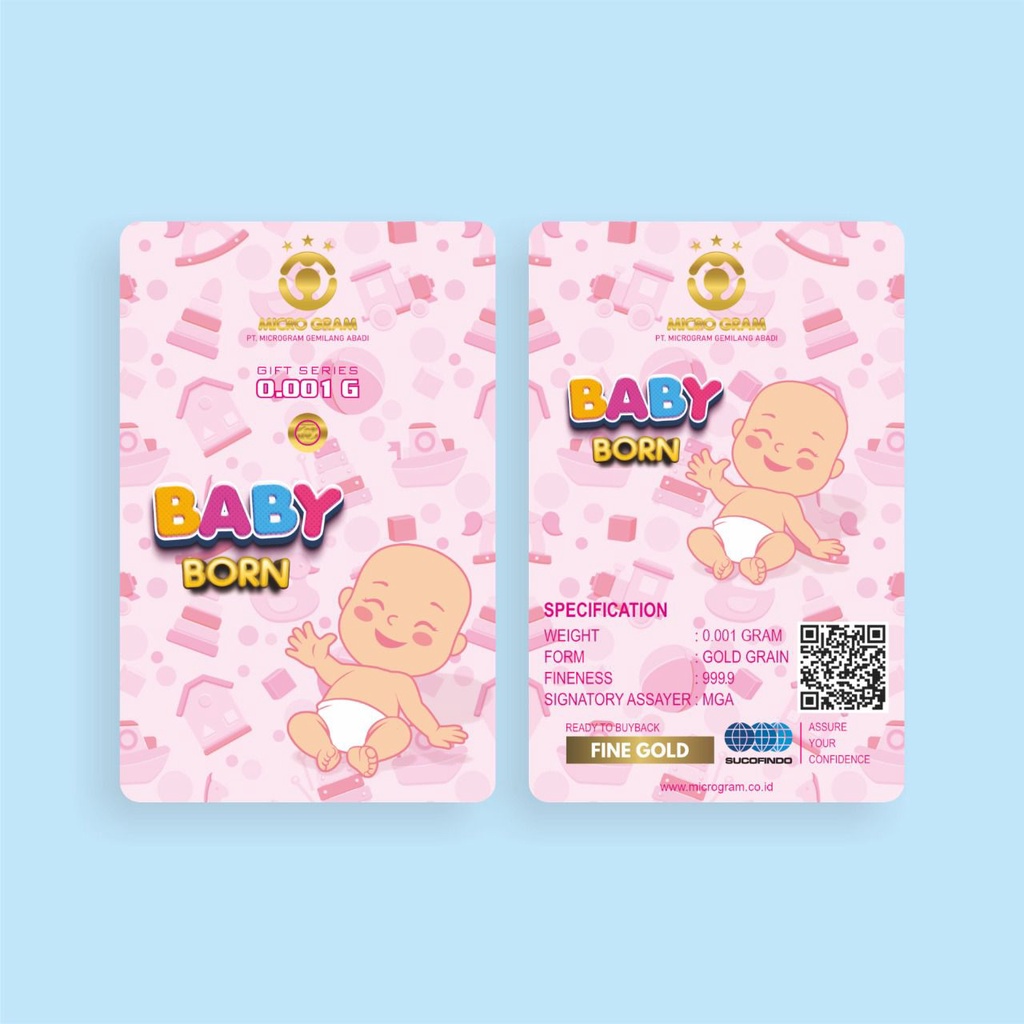 MICROGRAM Gift Series 0.001 Gram BABY BORN Kemasan PVC TERMURAH TERLARIS Emas Mini Emas Batangan Logam Mulia Murni 24 Karat Bersertifikat Resmi Asli Original Tabungan Emas Souvenir Keren Mewah