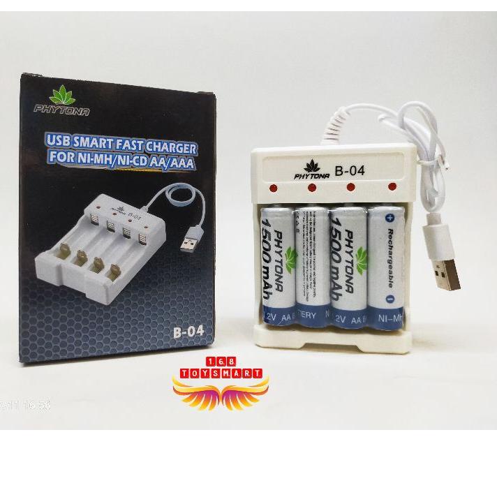 BATERAI AA/A2 ISI ULANG BATTERY RECHARGEABLE PHYTONA AA-1500 MAH DAN ALAT CHARGE 3/4 SLOT AAA/AA