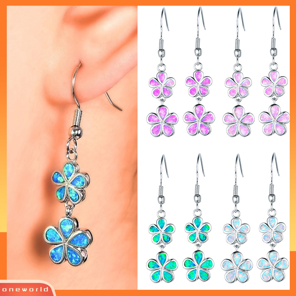 [WONE] Fashion Wanita Faux Opal Hias Bunga Panjang Menjuntai Ear Hook Earrings Perhiasan