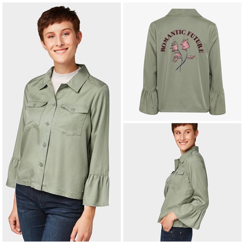 Ready Tencel Blouse Outer Jacket Longsleeve Pocket Shirt Green Army Olive Flower Back Top Print Lyoc