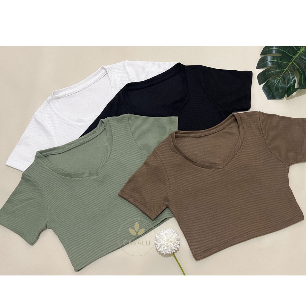 CAVALU Korean V-Neck Knit Crop Top Korea Kaos Rajut 143