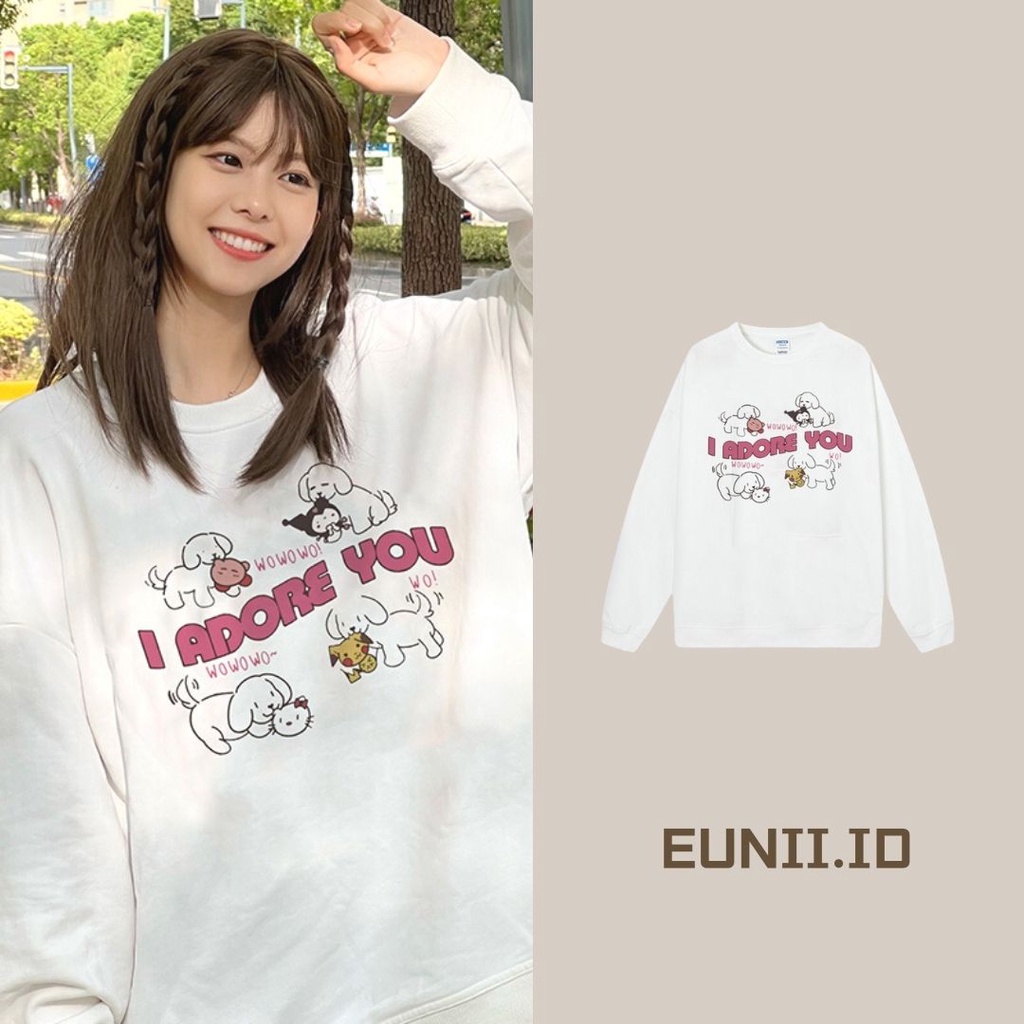 EUNII Sweater Lengan Panjang Pink English Dog Korean Style/Hoodie Oversize/Baju Wanita/Switer Wanita