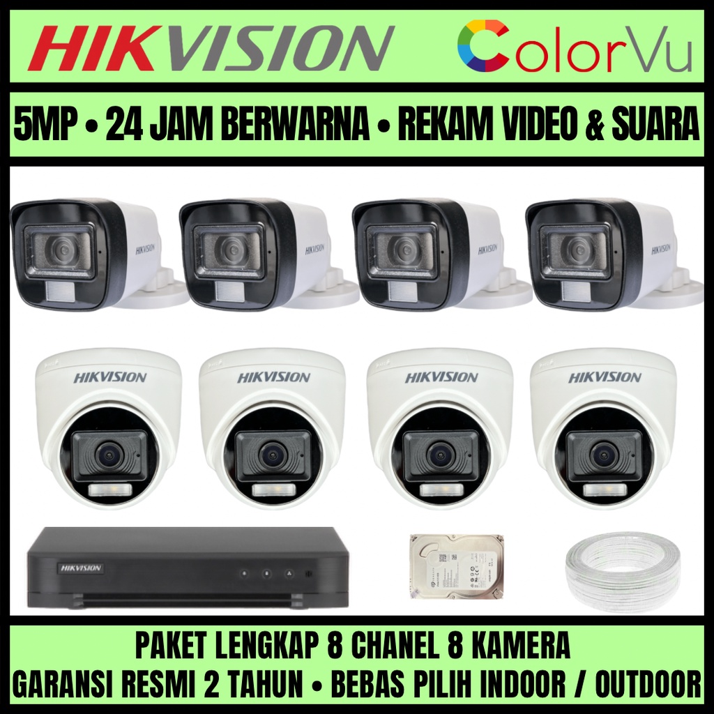 PAKET CCTV HIKVISION COLORVU 3K 5MP 8 CHANNEL 8 CAMERA KAMERA CCTV COLORFUL