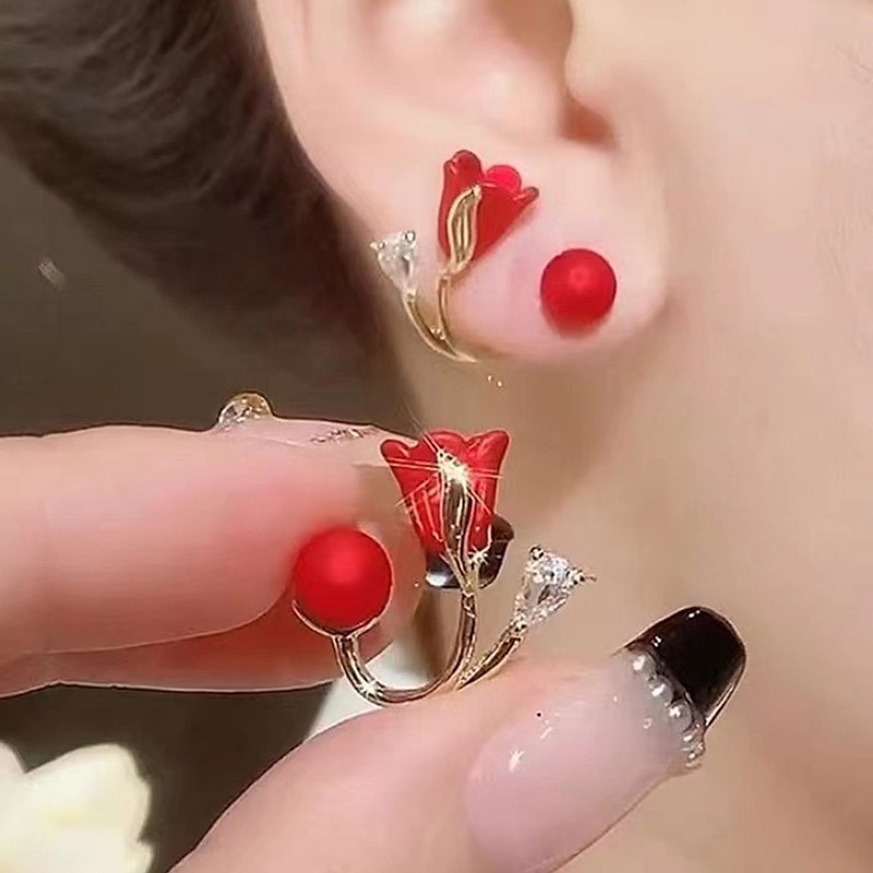 Anting Bentuk Bunga Mawar Merah Gaya Unik