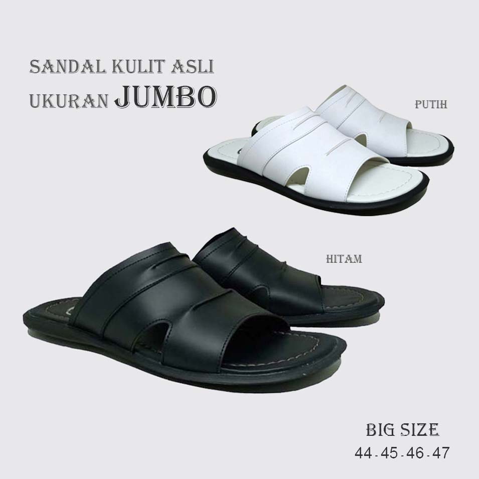 Sandal Slide Pria Kulit Asli | Sendal Selop Hitam-Putih | Ukuran Kaki Besar Jumbo