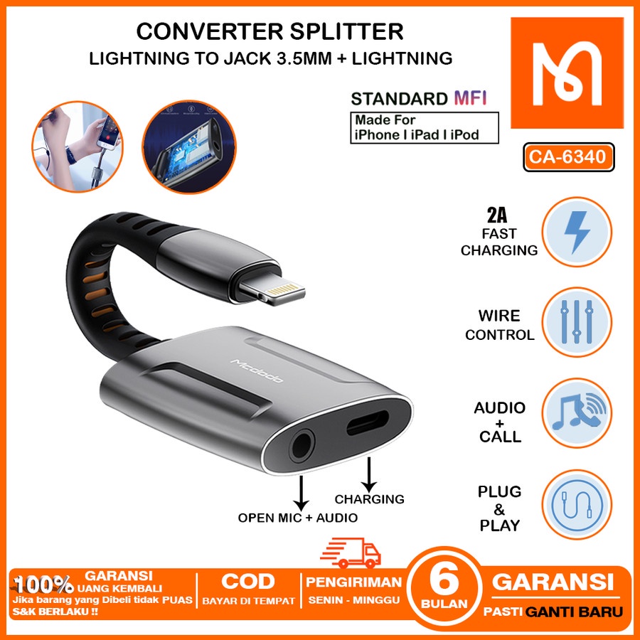 MCDODO AUDIO CONVERTER LIGHTNING SPLITTER IPHONE OPEN MIC CALL