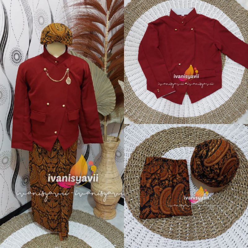 [Full Set] Baju Adat Jawa Cowok / Baju Manggolo / Baju Pagar Bagus | Nuansa Solo Maroon