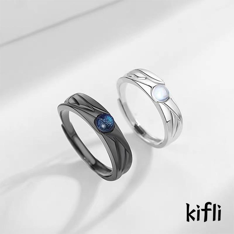 [KD] Cincin Metal Cincin Batu Bulan Sintetis Cincin Adjustable Pasangan Fashion Hitam Putih Berbentuk Bulan