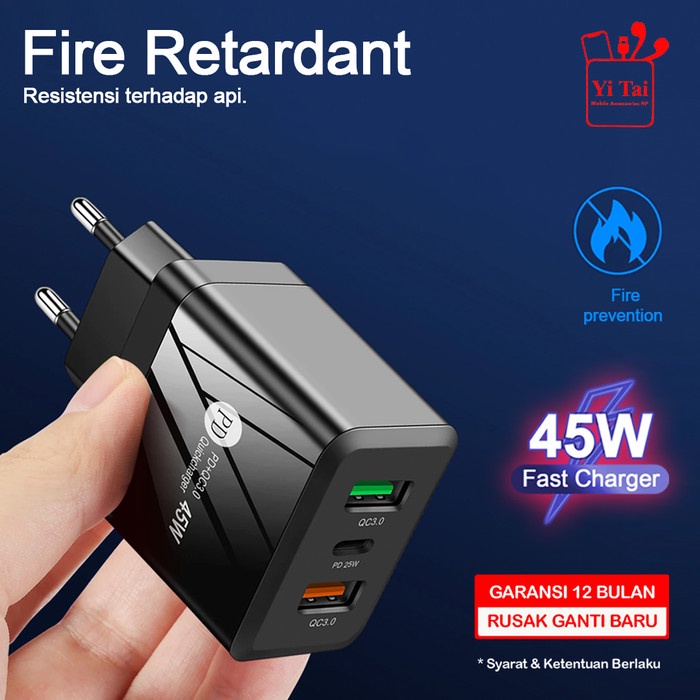 ADAPTOR CHARGER YITAI 2 USB + 1 PORT TYPE C 45W PD + QC3.0 -CG08 - BD