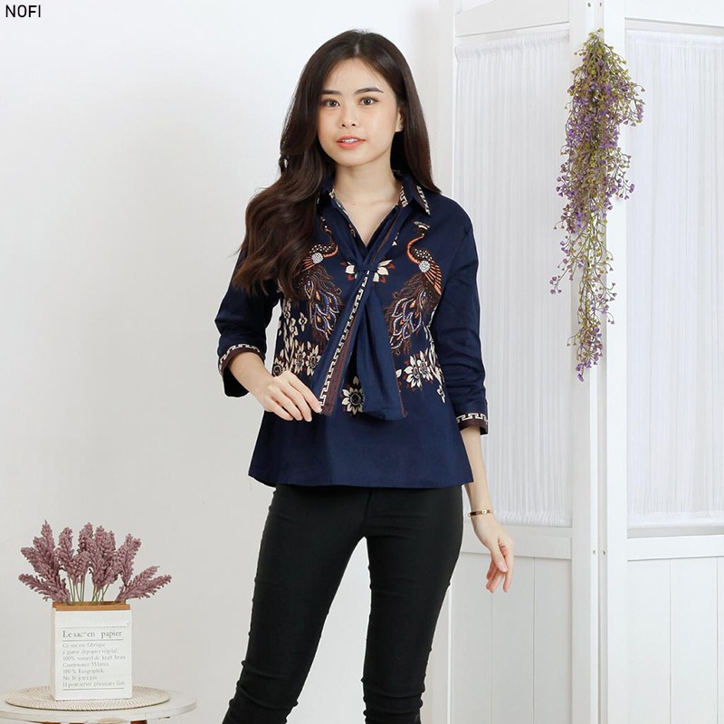 Evercloth Nofi Blouse Wanita Atasan Wanita Batik Couple Top Couple Batik Kemeja Dasi