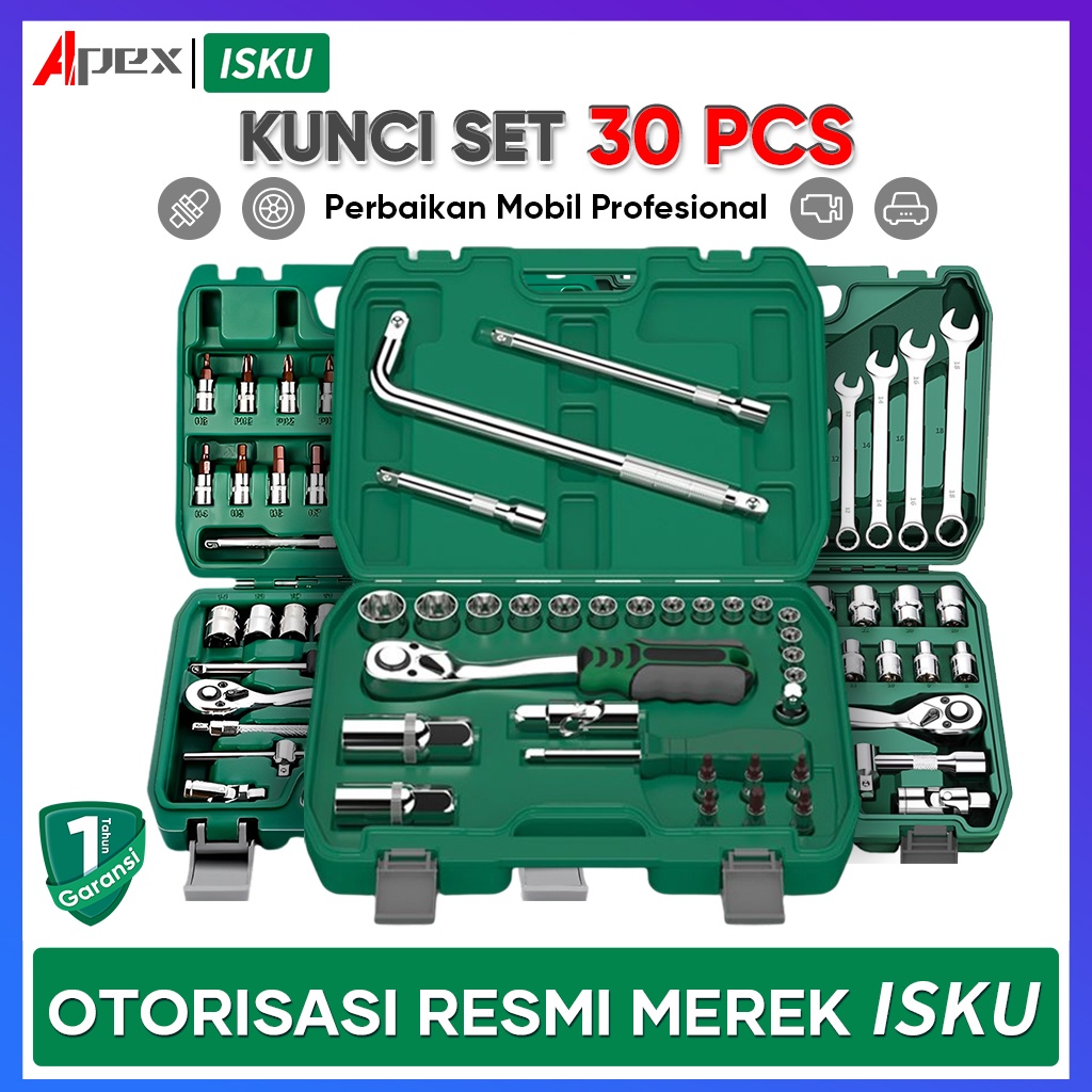 ISKU Toolkit set 3/8&quot; Kunci Sok Set 30pcs Mata Sock Dan 1/4&quot; Mata sock Set 8pcs 4-19mm/Kunci Shock Set PVC Toolbox/GaGang Sock L